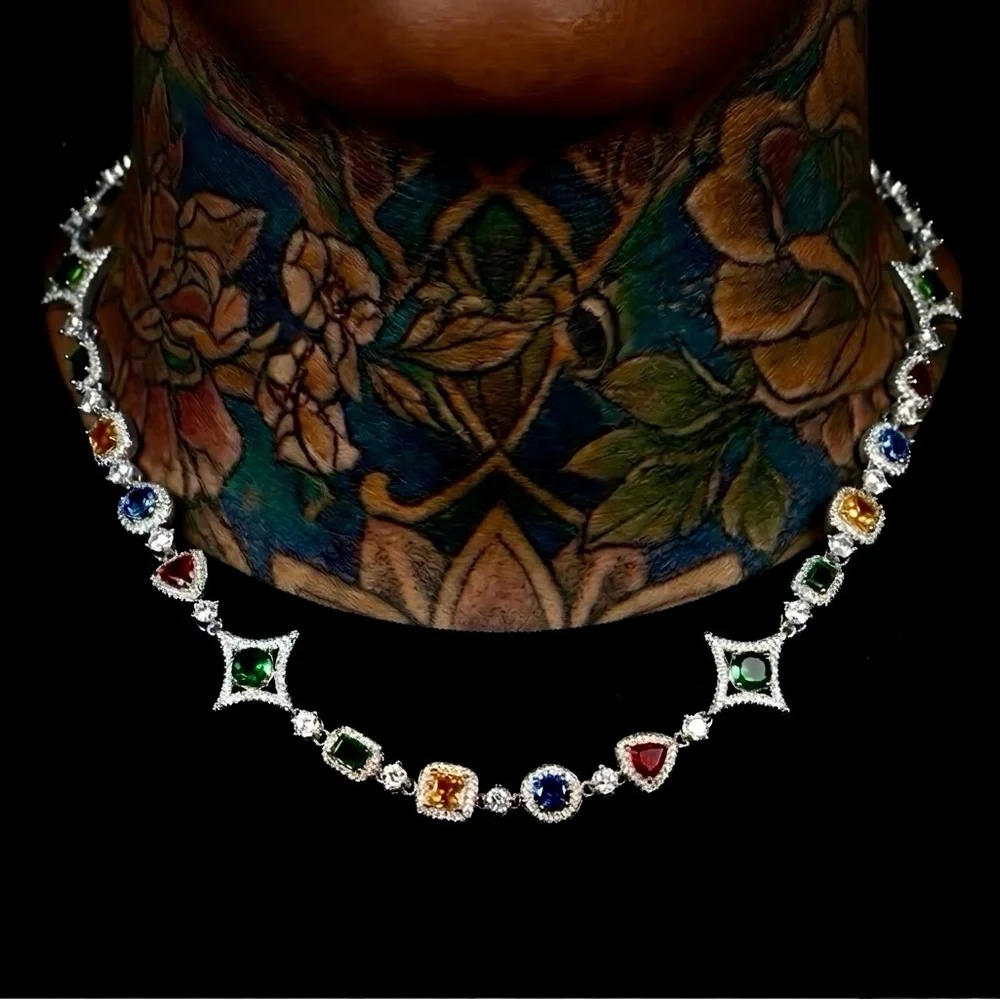 Silver Multicolor Gemstone  Necklace - 20inch